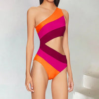 Sexy Cutout Color Block One Shoulder Monokini Swimsuit
