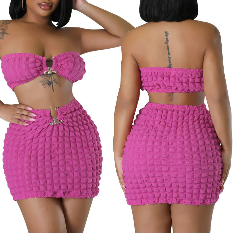 Sexy Seersucker Popcorn Strapless Crop Top & Bodycon Mini Skirt Set