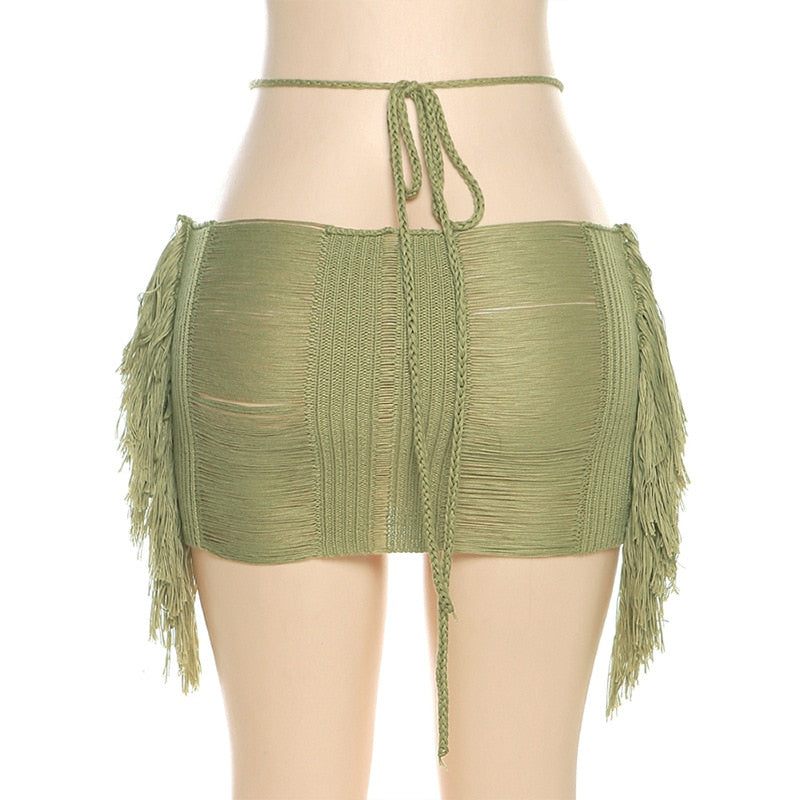 Sexy Knit Ribbed Hollow Out Tassel Mini Cover-Up Skirt