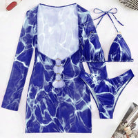 Sexy Print Hollow Out Women's 3 Pcs Cover Dress & Bikini Set