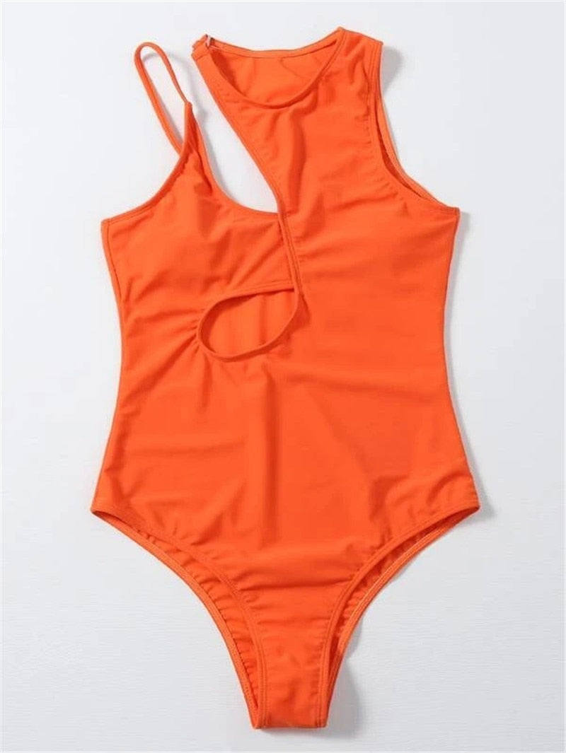 Sexy Neon Orange High Neck Cutout Monokini Swimsuit