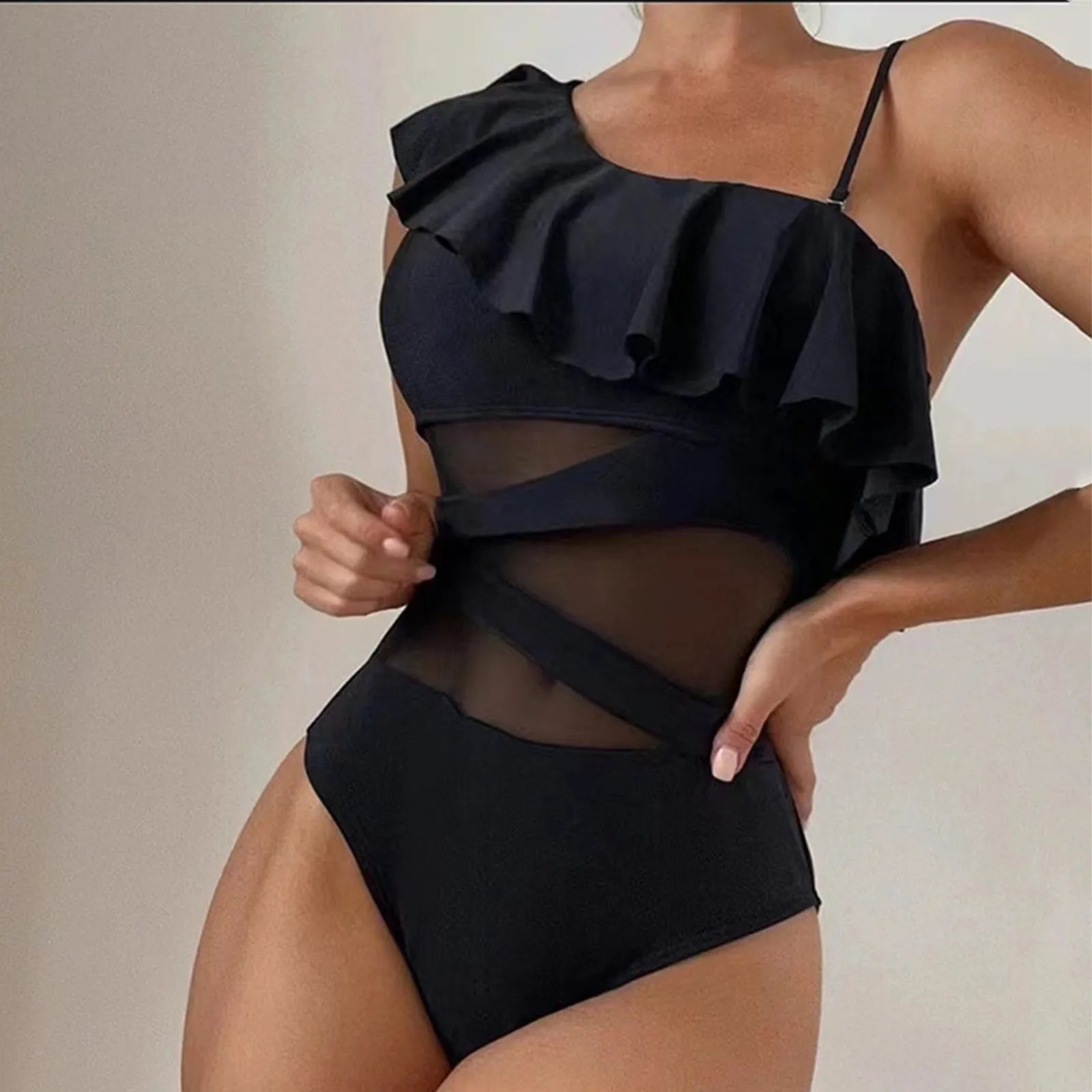 Sexy Mesh Cutout Asymmetrical Ruffle Trim Women's Monokini Swimsuit