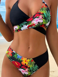 Sexy Floral Print & Black Chest Wrapped Asymmetrical Bikini Swimsuit