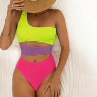 Sexy Neon One Shoulder Asymmetric Cutout Monokini Swimsuit