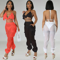 Sexy Casual 3 Piece Sheer Streetwear Bikini and Cargo Pants Set