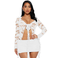 Sexy Lace V-Neck Long Sleeve Tied Top & Mini Skirt Set