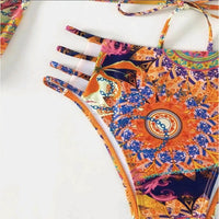 Sexy Vintage Pattern Long Sleep Wrap Top & Bikini Women's Swimsuit