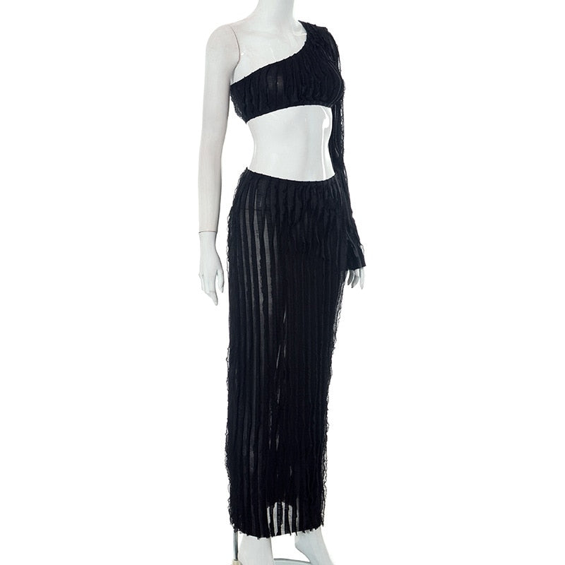 Sexy Mesh One Shoulder Long Sleeve Crop Top & Long Bodycon Skirt Set
