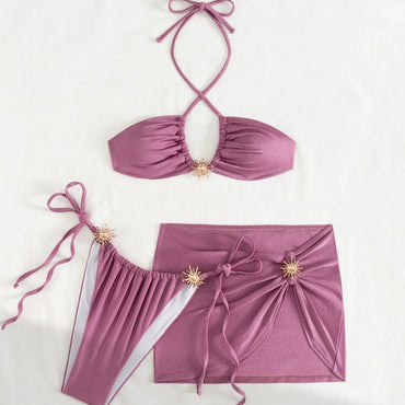 Sexy Golden Sun Accent 3 Pcs Bikini Swimsuit & Cover Up Skirt Set