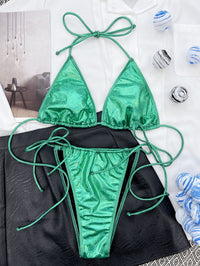 Sexy Metallic Green Push-Up Triangle Brazilian Micro Bikini Swimsuit