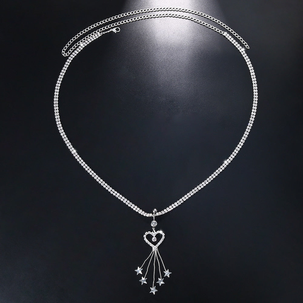 Boho Heart Dangle Rhinestone Navel Ring with Waist Chain