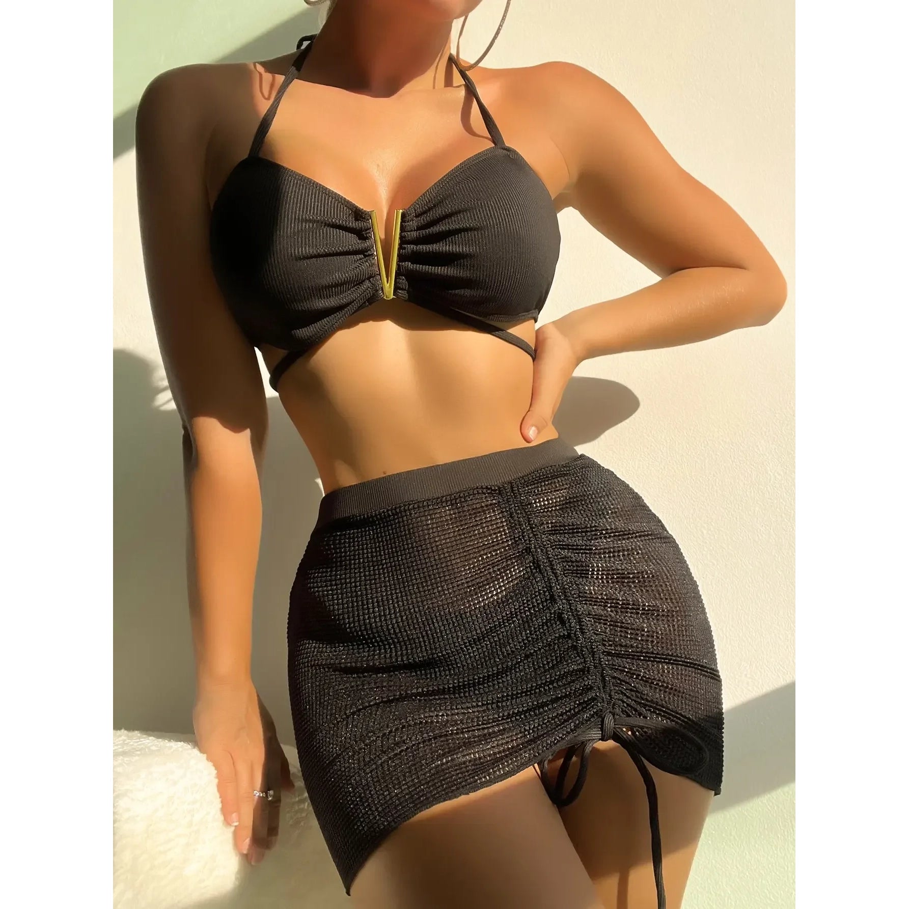 Sexy Gold V Design Halter Bikini Women's Swimsuit and Coverup Skirt Set
