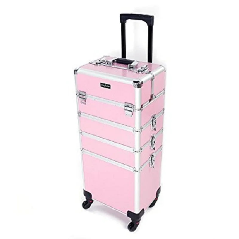 High Quality 4 in 1 Rolling Makeup Train Case, Aluminum Makeup Travel Organizer Cosmetic Case, Cosmetology Display Suitcase on Wheels