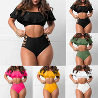 Sexy Off Shoulder Ruffled Bandage Top & High Waisted Bikini Swimsuit