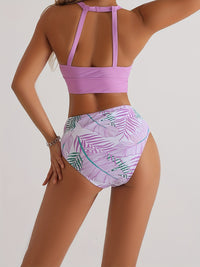 High Waist Leaf Print O Neck High Cut Bikini Sets