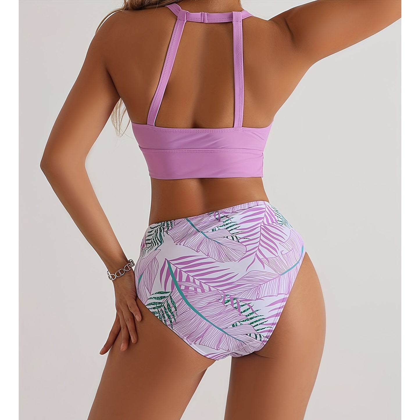 High Waist Leaf Print O Neck High Cut Bikini Sets