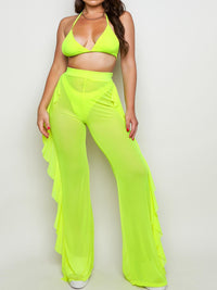 Sexy Halter Bikini Top & Ruffles Side Sheer Mesh Pants Cover Up Set