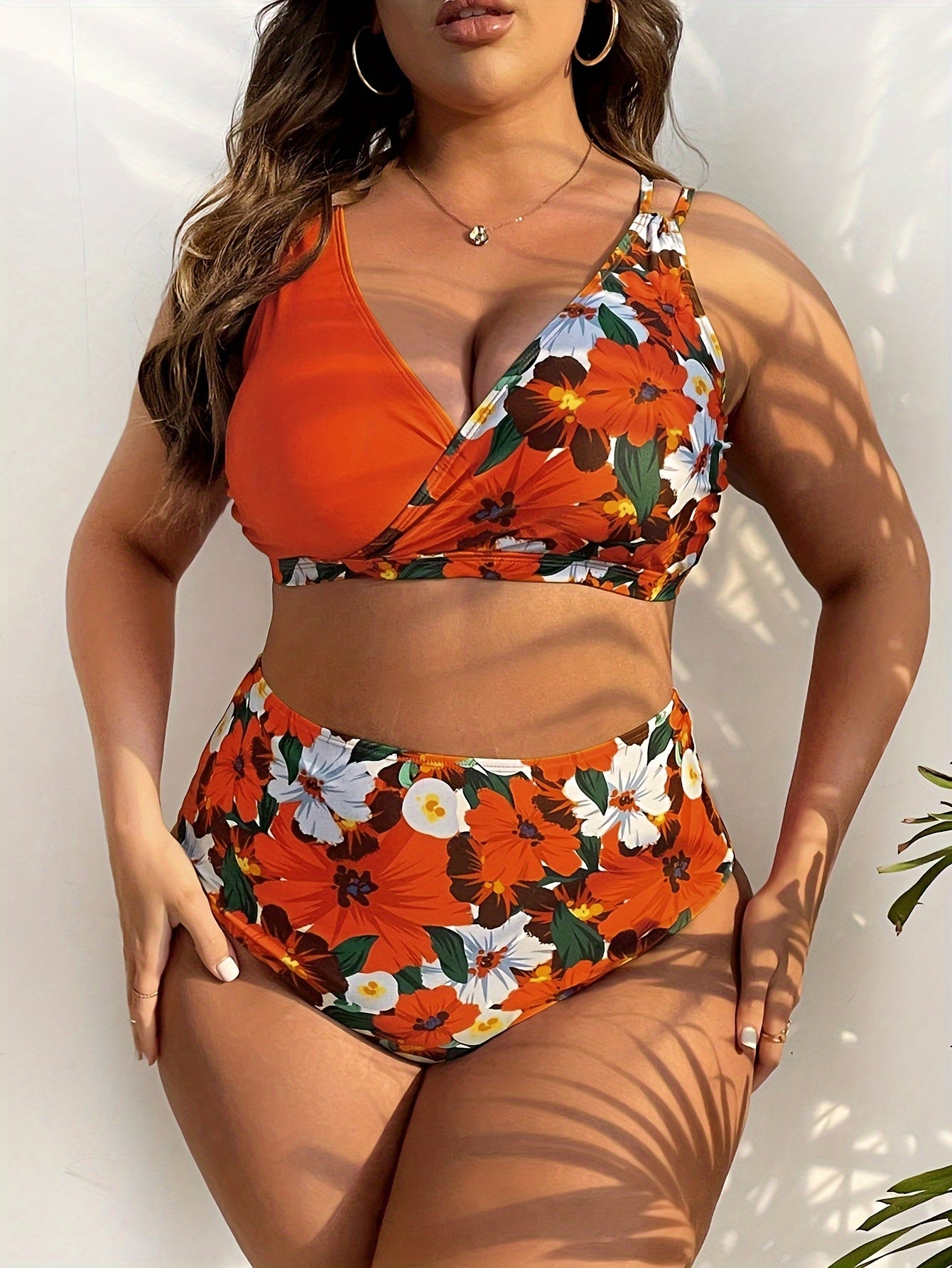 Sexy Women's Red Floral Print Plus Size Bikini Swimsuit