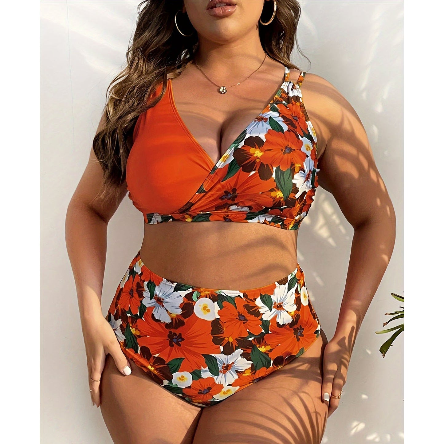 Sexy Women's Red Floral Print Plus Size Bikini Swimsuit