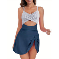 Beautiful Blue & Striped Fashion Skirt Style One-Piece Bikini Swimsuit