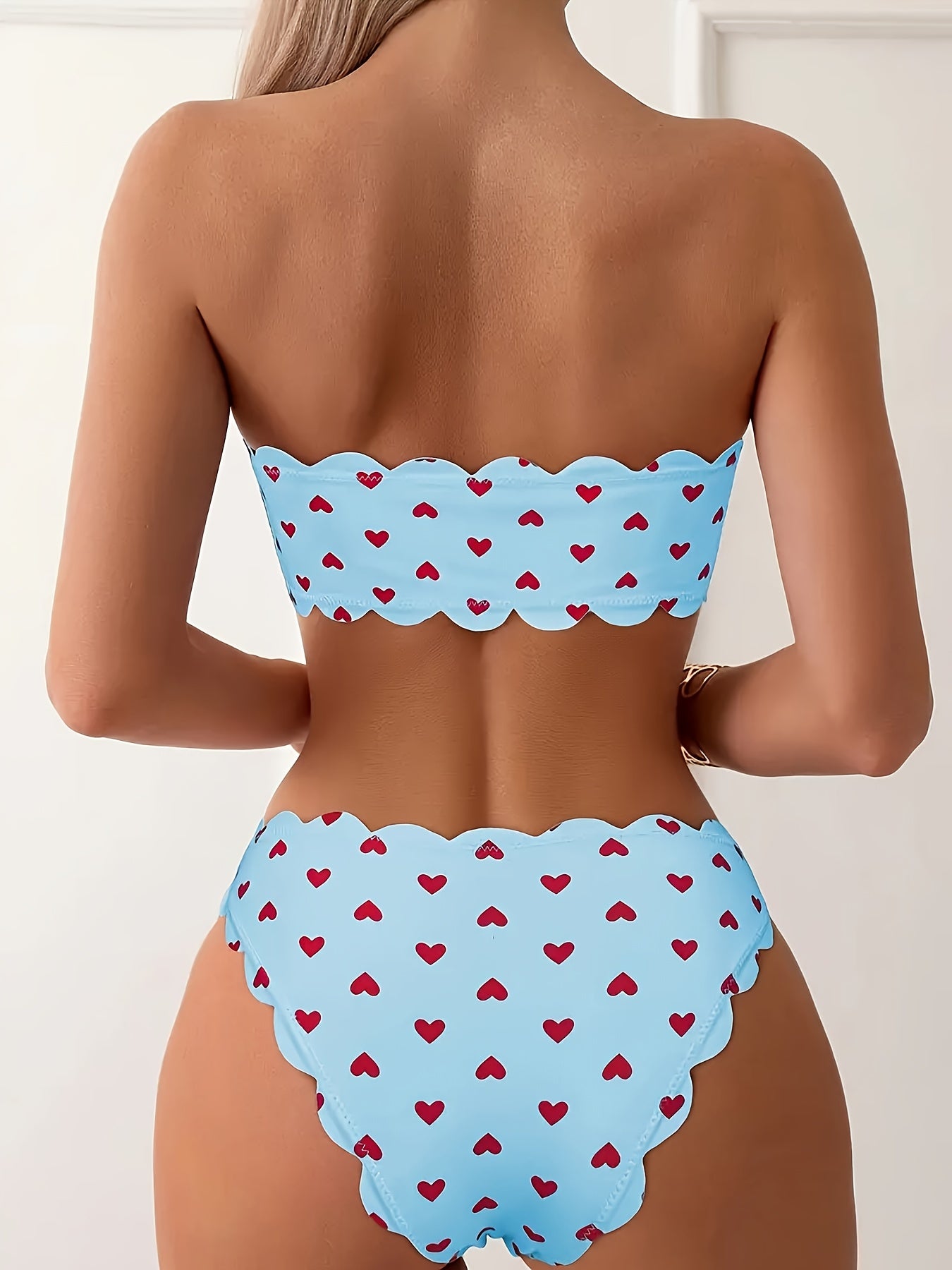 Cute Women's Heart Print Unique Scallop Trim Strapless Top & High-Cut Bikini Swimsuit