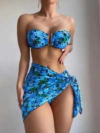 Sexy Metal U-Shaped 3 Piece Floral Print Bikini and Wrap Skirt Swimsuit Set