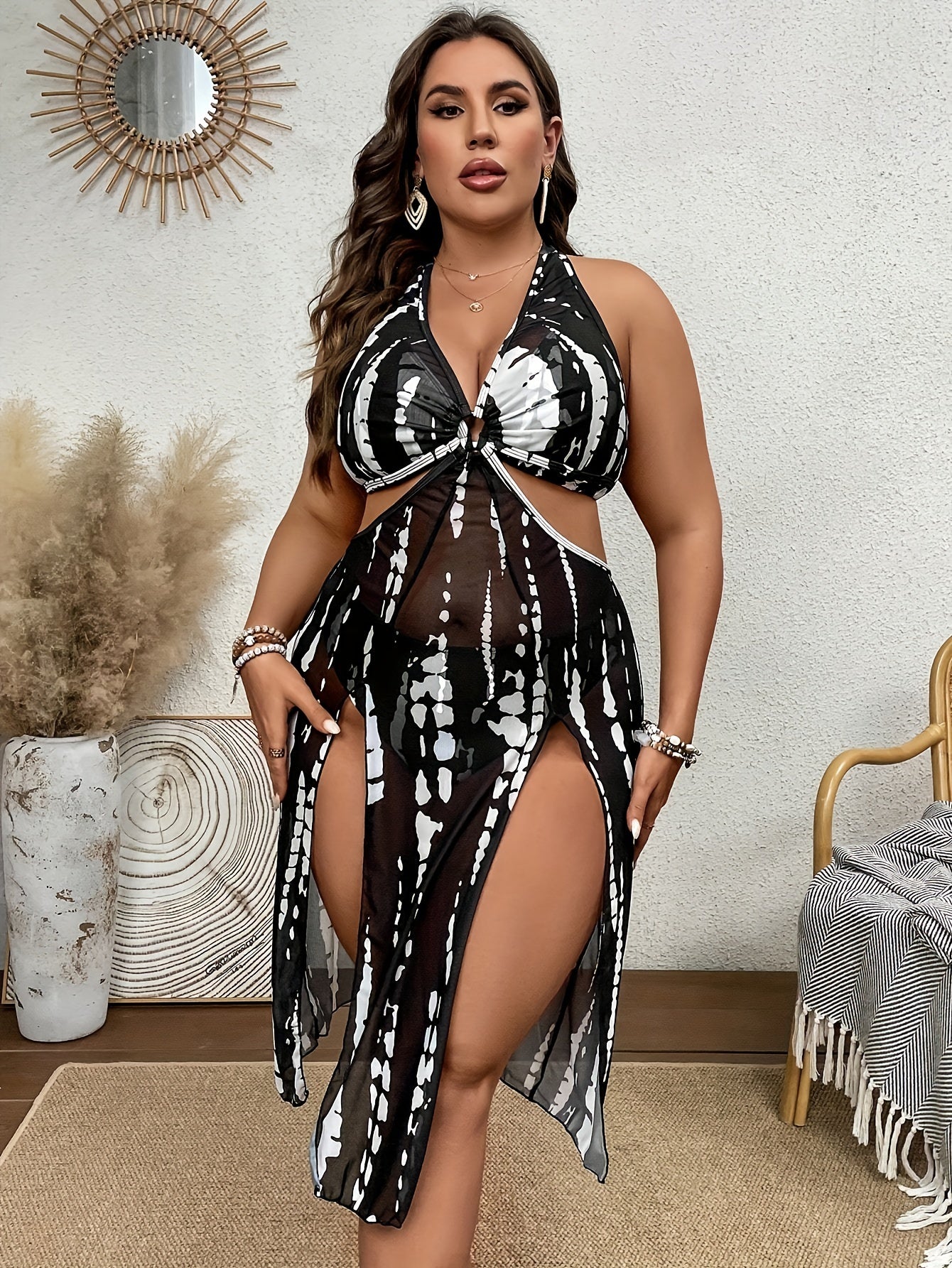 Sexy 3-Piece Tie-Dye Print  Halter Neck Bikini Top, High-Waist Bottoms, and Sheer Long Dress Coverup Set