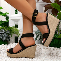 Women's Summer Hemp Bottom Wedge Sandals with Round Head Buckle Ankle Strap