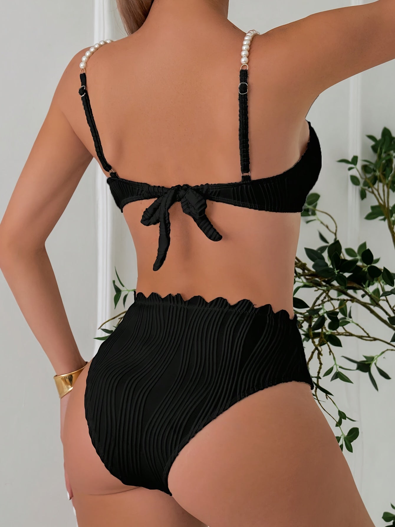 Sexy Elegant Ripple Textured Pearl Accent Strap Bikini Swimsuit