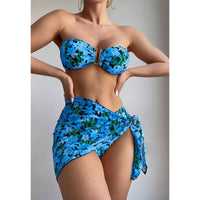 Sexy Metal U-Shaped 3 Piece Floral Print Bikini and Wrap Skirt Swimsuit Set