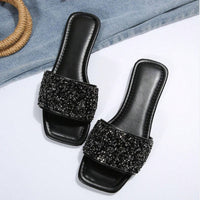 Classic Women's Rhinestone Fashion Square Open Toe Flat Bottom Slide Sandals