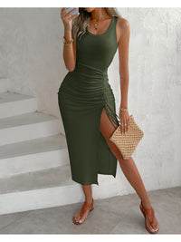 Beautiful Classic Summer Bodycon Drawstring Side Split Midi Dress