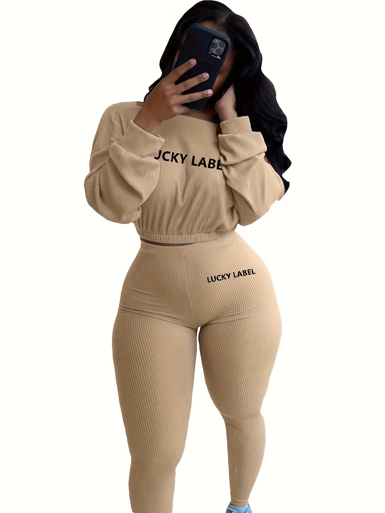 Lucky - Casually Sexy Womens 2 Piece Long Sleeve Ribbed Crop Top & Skinny Long Pants Sweatsuit Jogger Set