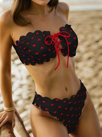 Cute Women's Heart Print Unique Scallop Trim Strapless Top & High-Cut Bikini Swimsuit