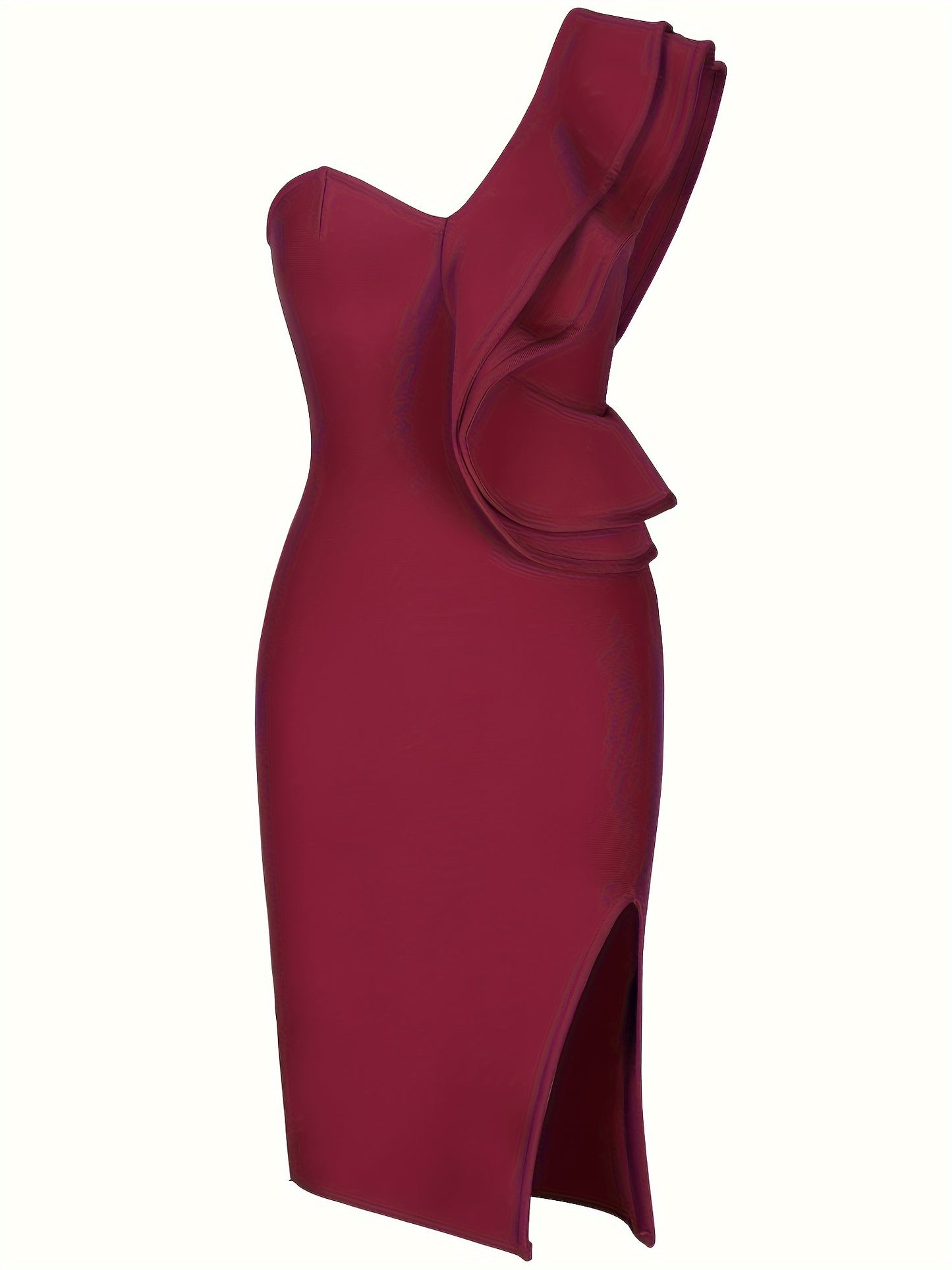 Elegant One Shoulder Ruffle Trim Bodycon Cocktail Dress