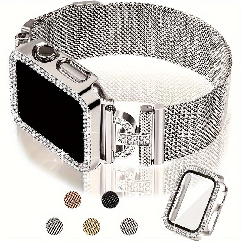 Glitter Bling Milanese Loop Metal Mesh Band with Magnetic Clasp and Case Protector - iWatch Series 9 8 7 6 5 4 SE SE2 38mm 40mm 41mm 42mm 44mm 45mm