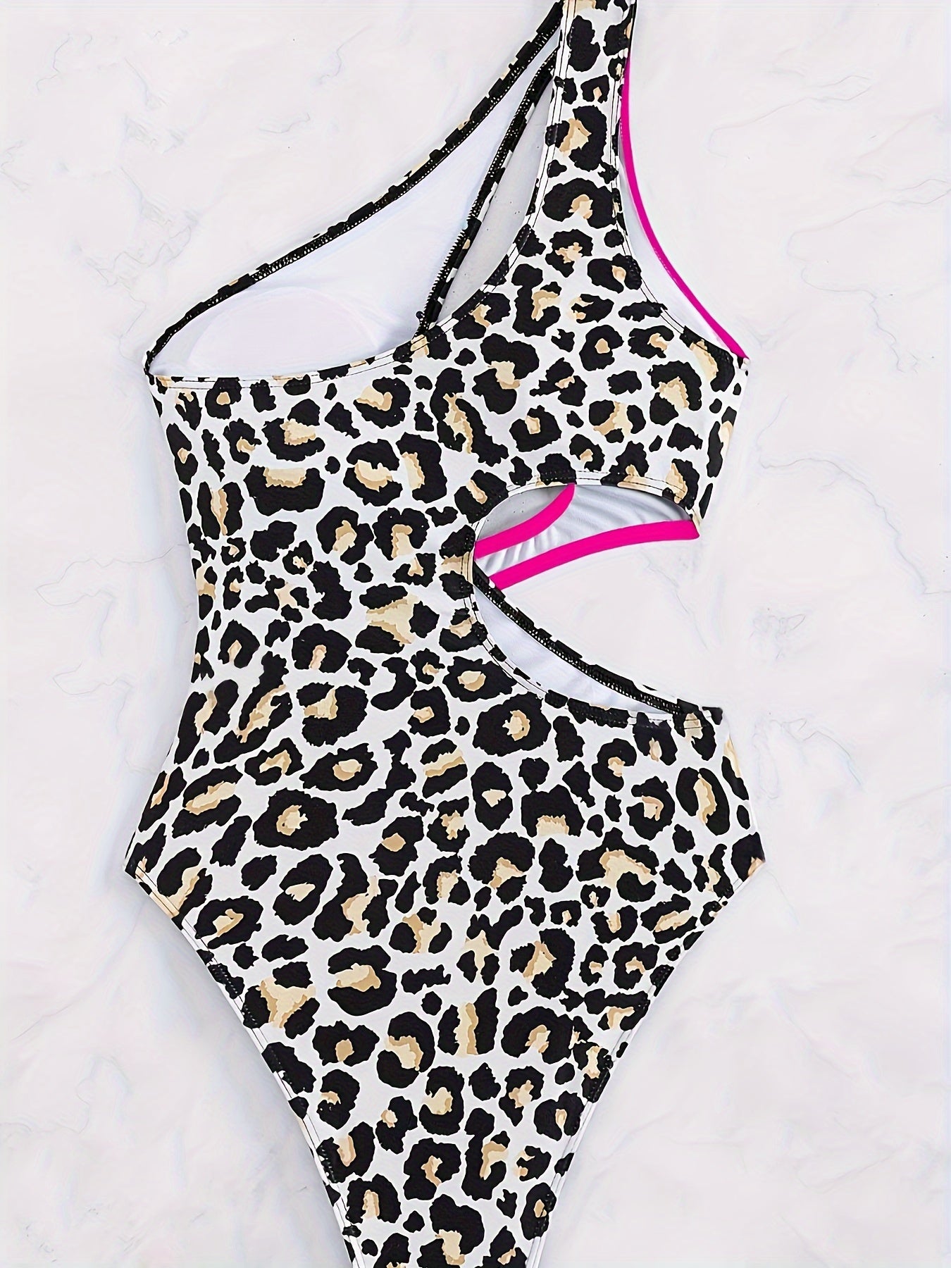 Sexy Vibrant Leopard Print Color Block Asymmetric One Shoulder Cut Out Monokini Swimsuit