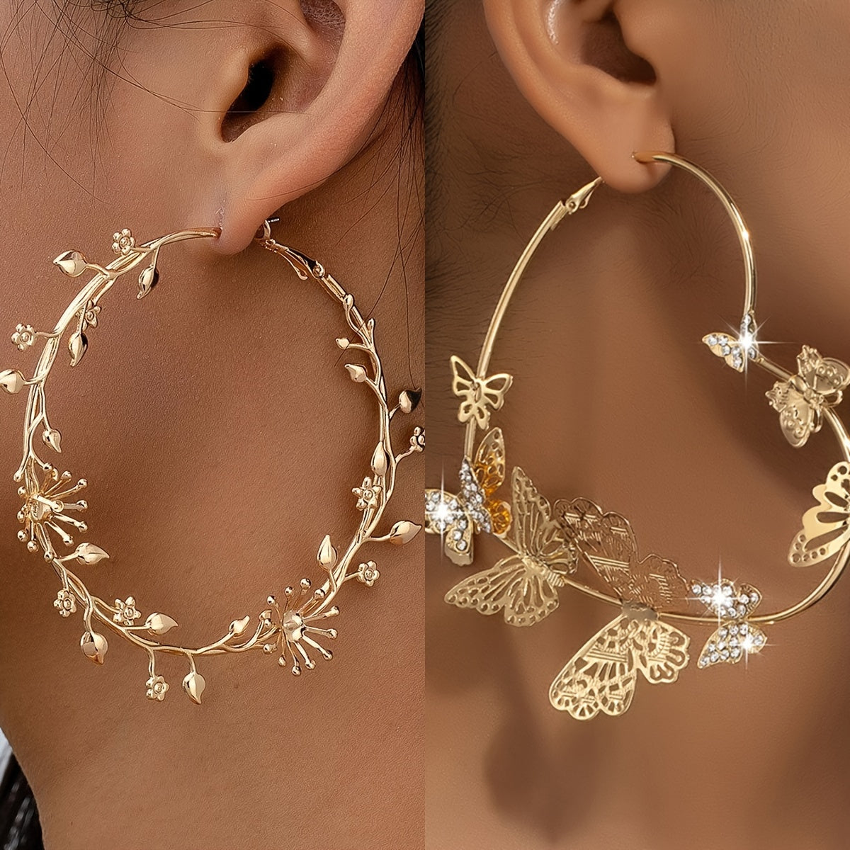 Beautiful Vintage Style 2 Piece Golden Floral Branch Butterfly Large Hoop Earrings Set