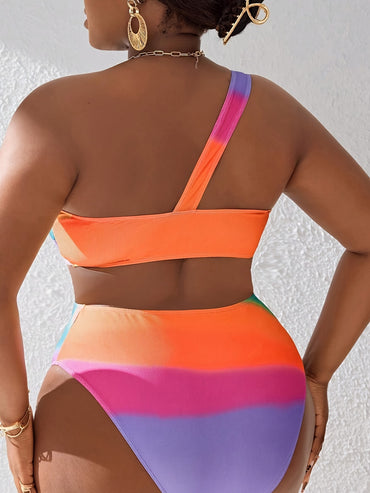 Beautiful Plus Size Multicolor Tie Dye Print Asymmetric One Shoulder Monokini Swimsuit