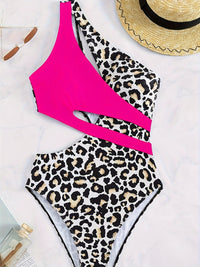 Sexy Vibrant Leopard Print Color Block Asymmetric One Shoulder Cut Out Monokini Swimsuit