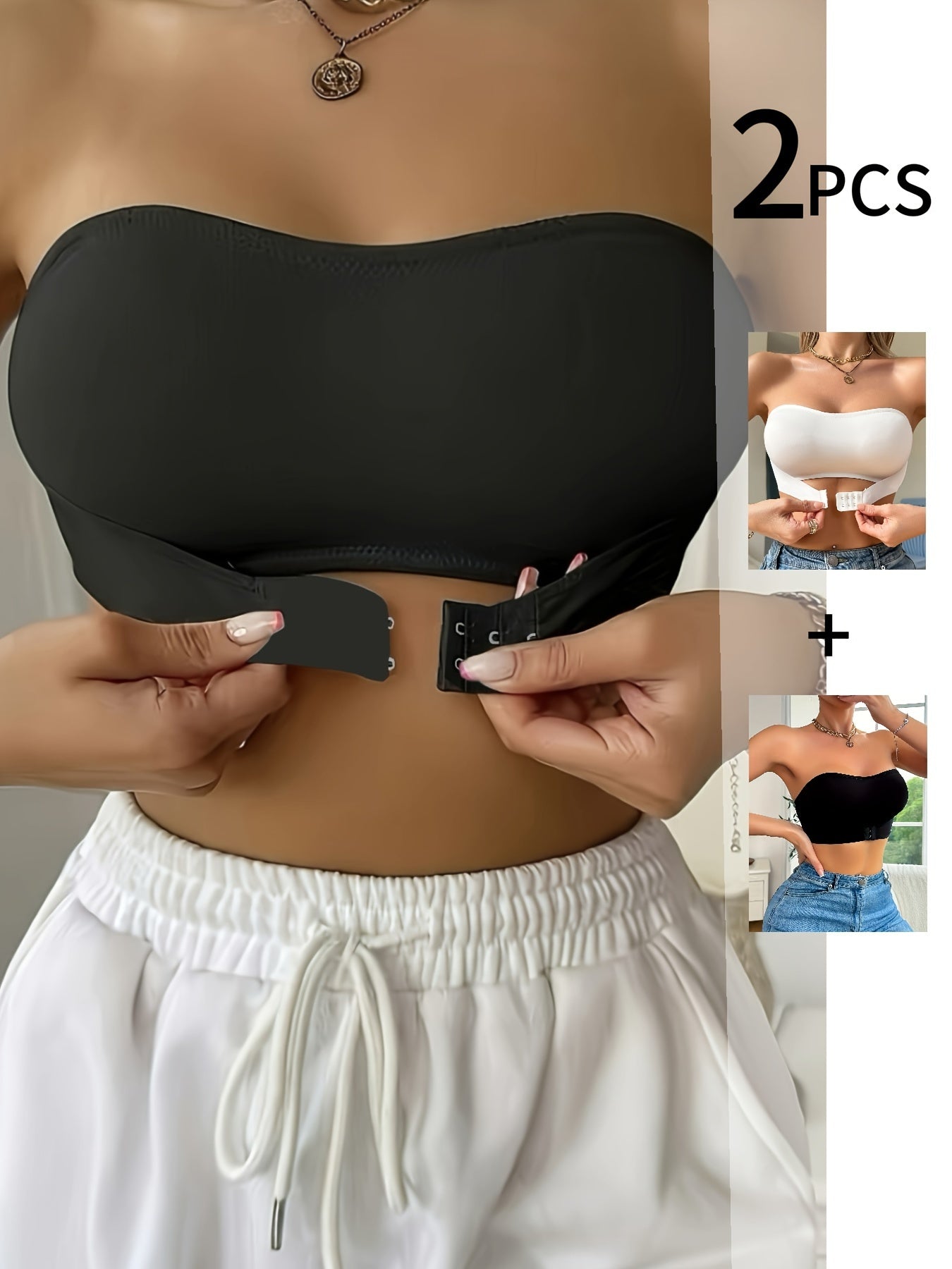 2 Pcs Ultra Comfy Seamless Solid Front Closure Strapless Wireless Bandeaus Push-Up Bra Set