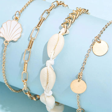 4-piece Bohemian Style Shell Round Slice Tassel Pendant Anklet