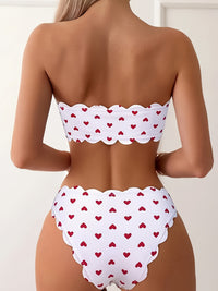 Cute Women's Heart Print Unique Scallop Trim Strapless Top & High-Cut Bikini Swimsuit