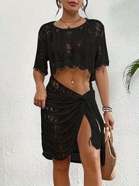 Casual 2 Piece Crochet Swimsuit Cover Up Skirt Set