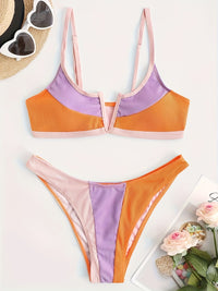 Sexy Contrast Color V Neck Rib-Knit High Cut Bikini Swimsuit