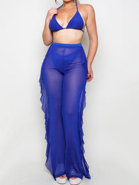 Sexy Halter Bikini Top & Ruffles Side Sheer Mesh Pants Cover Up Set