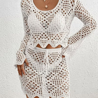 Sexy Crochet 2 Piece Contrast Lace Detail, Crew Neck, Non-Stretch Polyester Knit Drawstring Skirt Cover Up Skirt Set