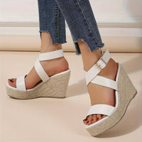 Women's Summer Hemp Bottom Wedge Sandals with Round Head Buckle Ankle Strap