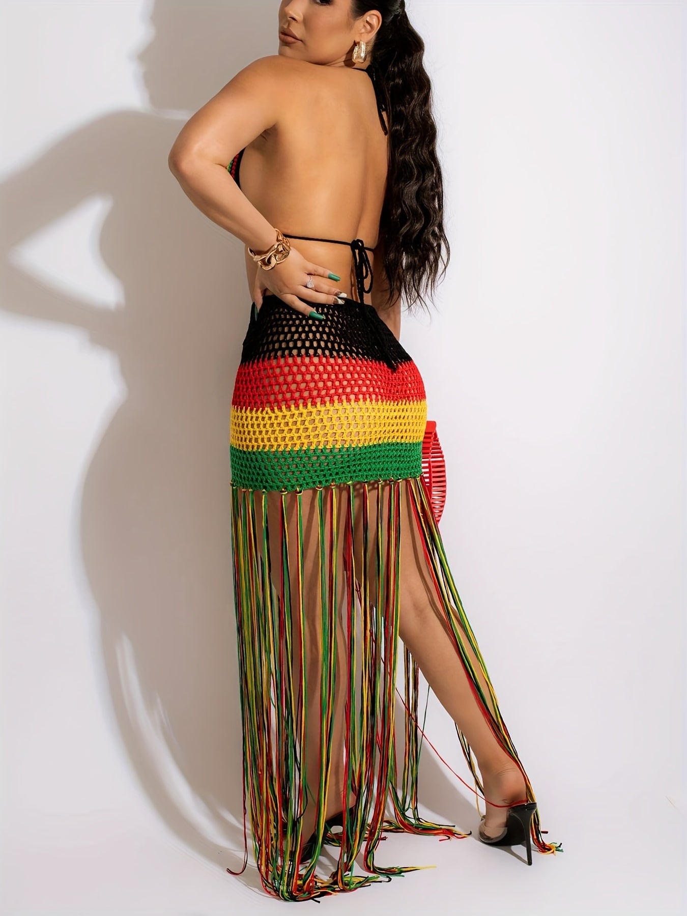 Sexy 2 Piece Rastafarian Color Striped Print Crochet Knit Bikini Top And Tassel Maxi Skirt Coverup Set