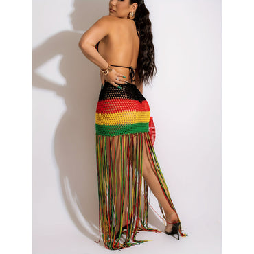 Sexy 2 Piece Rastafarian Color Striped Print Crochet Knit Bikini Top And Tassel Maxi Skirt Coverup Set